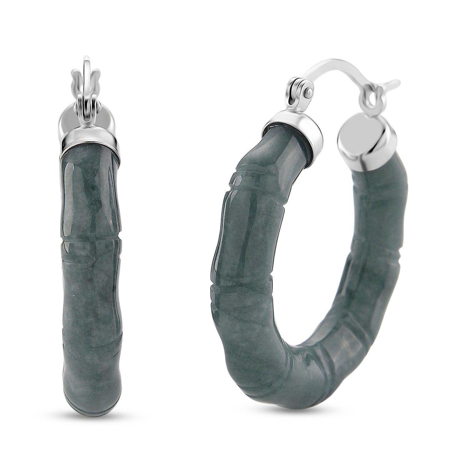 Olmec Jadeite Bamboo-Inspired Earring with Clasp in Rhodium Overlay Sterling Silver 40.00 Ct. 8193487 0
