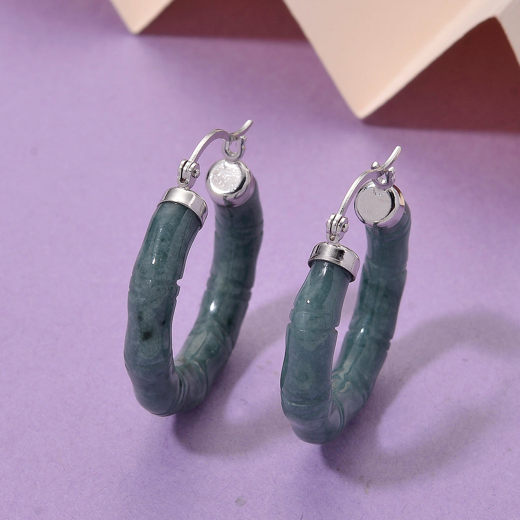 Natural Type A Jadeite Earring with Clasp in Rhodium Overlay Sterling Silver 40.00 Ct._8193487_1