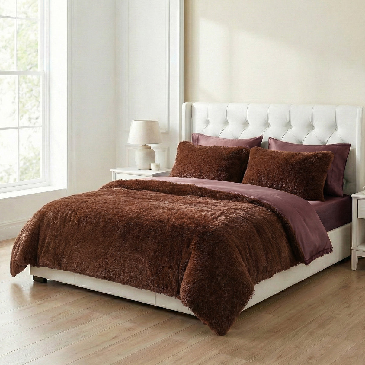 Luxury 6 Piece  Bedding Collection- Faux Rabbit Fur Comforter With Reversible Dutch Velvet Thermal Backing, Fitted Sheet, 2 Faux Rabbit Fur Pillowcases &amp; 2 Velvet Pillowcases - Chocolate Double 8193641 0