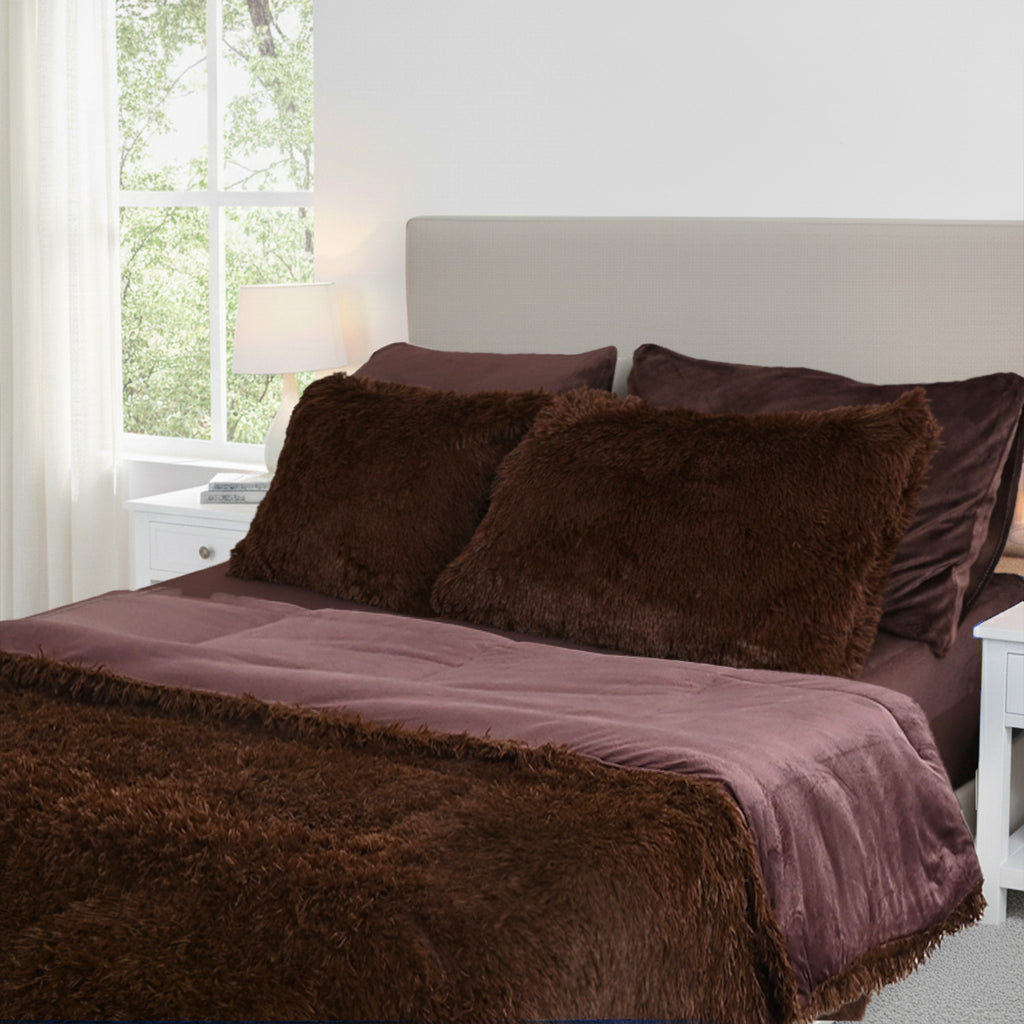 Luxury 6 Piece  Bedding Collection- Faux Rabbit Fur Comforter With Reversible Dutch Velvet Thermal Backing, Fitted Sheet, 2 Faux Rabbit Fur Pillowcases & 2 Velvet Pillowcases - Chocolate Double_8193641_1