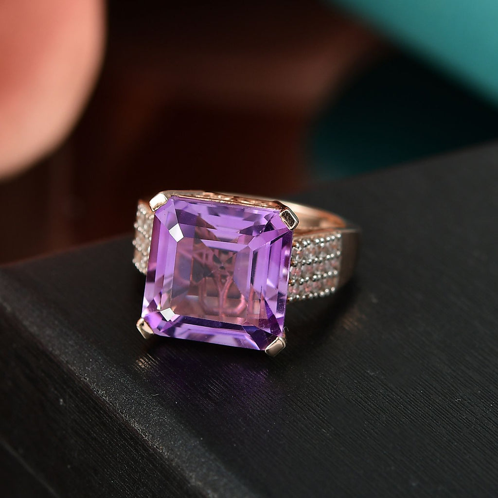 Rose De France Amethyst & White Zircon Ring in 14K Rose Gold Plated Sterling Silver 9.03 Ct._8194676_1