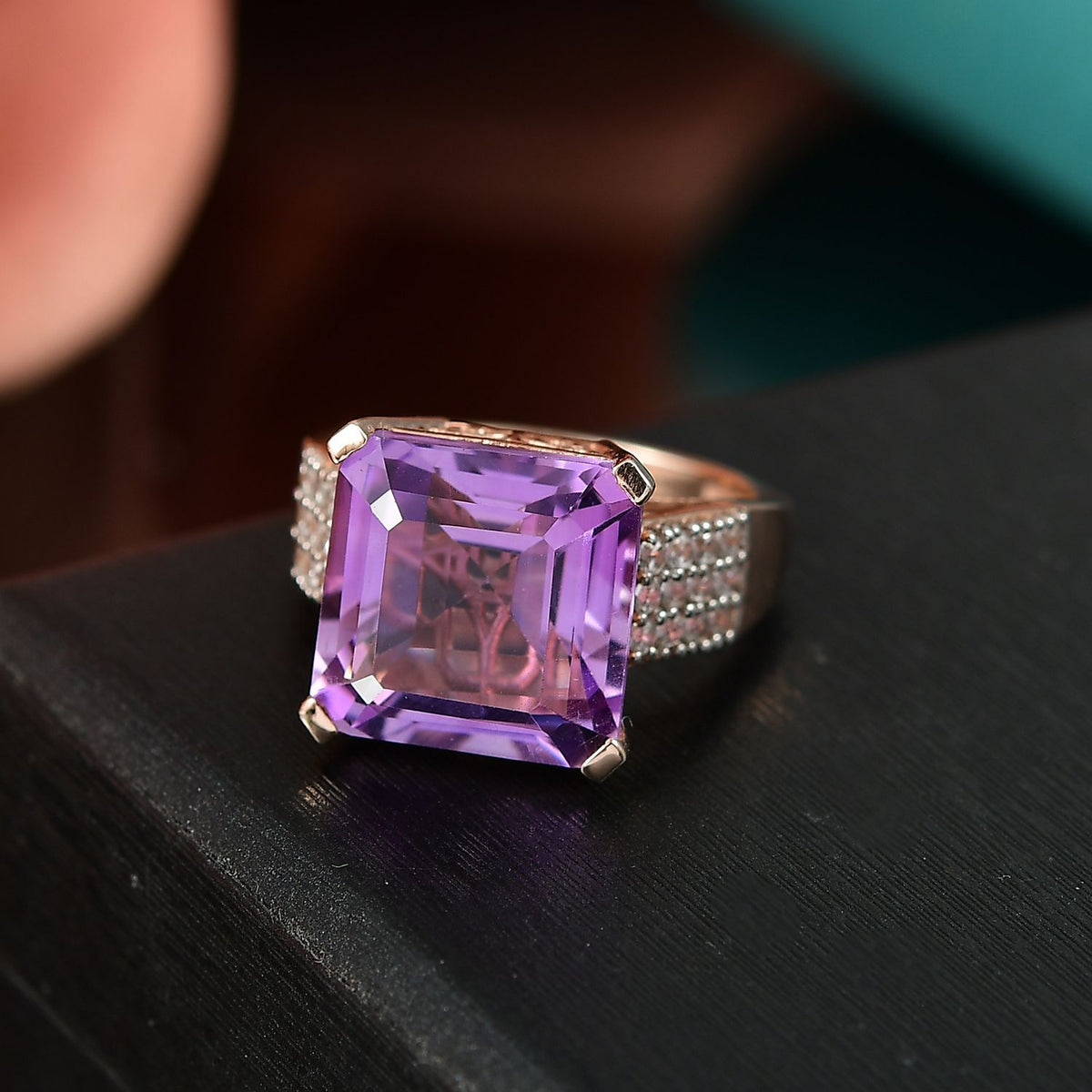 Rose De France Amethyst, White Zircon Ring in Rose Gold Plated Sterling Silver 9.03 Ct. 8194676 2
