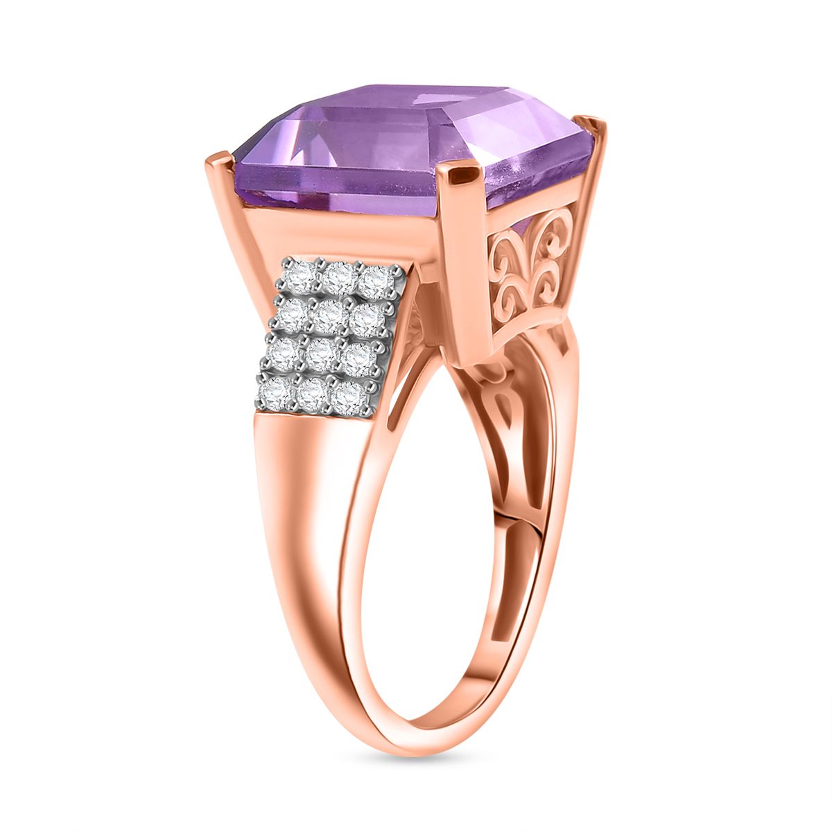 Rose De France Amethyst, White Zircon Ring in Rose Gold Plated Sterling Silver 9.03 Ct. 8194676 4