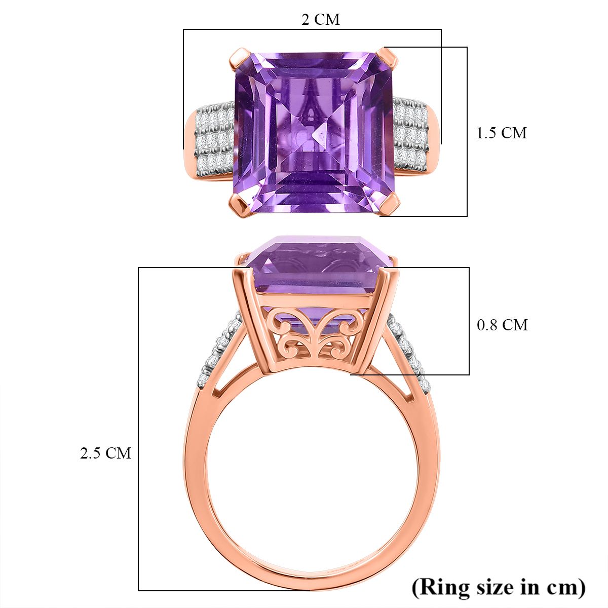 Rose De France Amethyst, White Zircon Ring in Rose Gold Plated Sterling Silver 9.03 Ct. 8194676 6