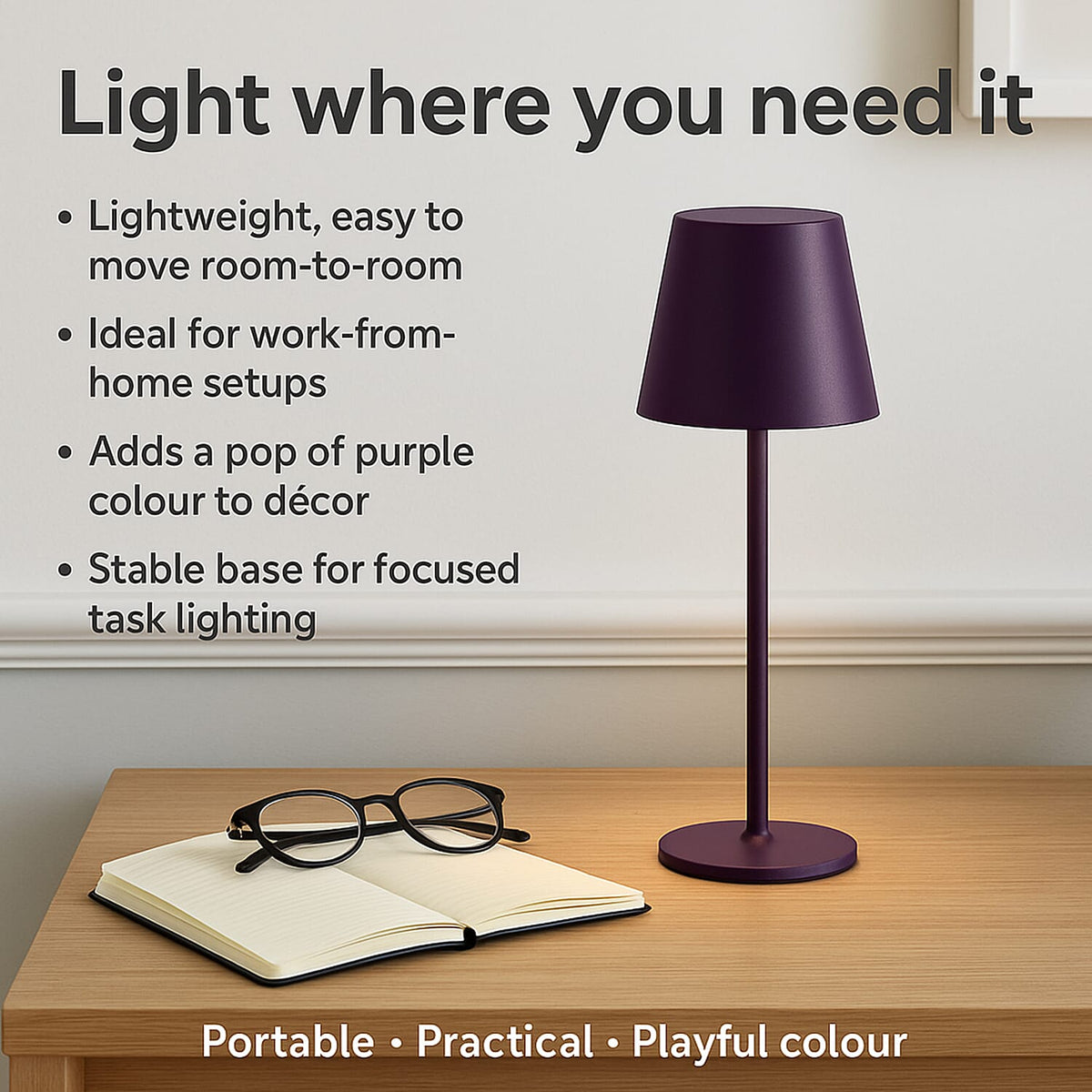 MEGA DEAL - LIVMORE Rechargable Table Lamp With Warm, Natural &amp; Cool Lights (1200mAh Battery) - Purple 8195258 3