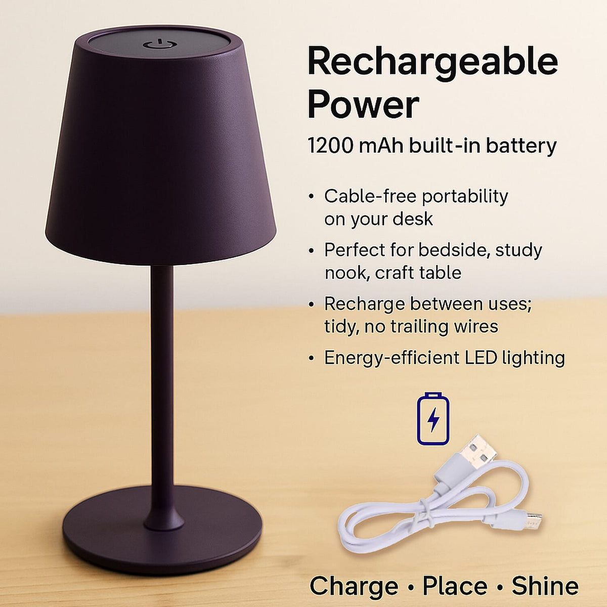 MEGA DEAL - LIVMORE Rechargable Table Lamp With Warm, Natural &amp; Cool Lights (1200mAh Battery) - Purple 8195258 5
