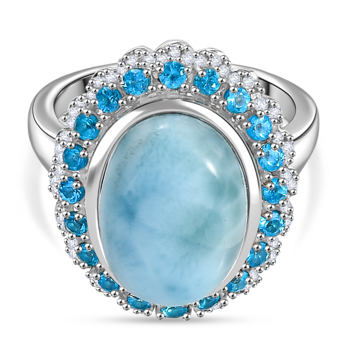 D'joy Larimar, White Zircon and Neon Apatite Aqua Majesty Halo Ring in Rhodium Overlay Sterling Silver 8.09 Ct. V32537977 0