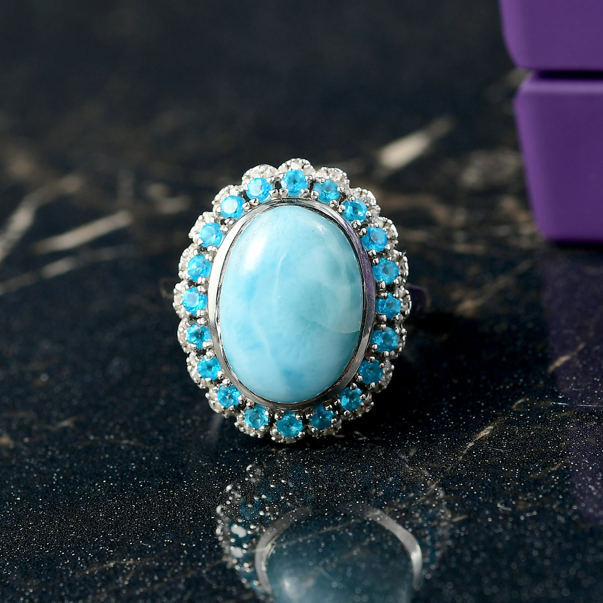 D'joy Larimar, White Zircon and Neon Apatite Aqua Majesty Halo Ring in Rhodium Overlay Sterling Silver 8.09 Ct. V32537977 2