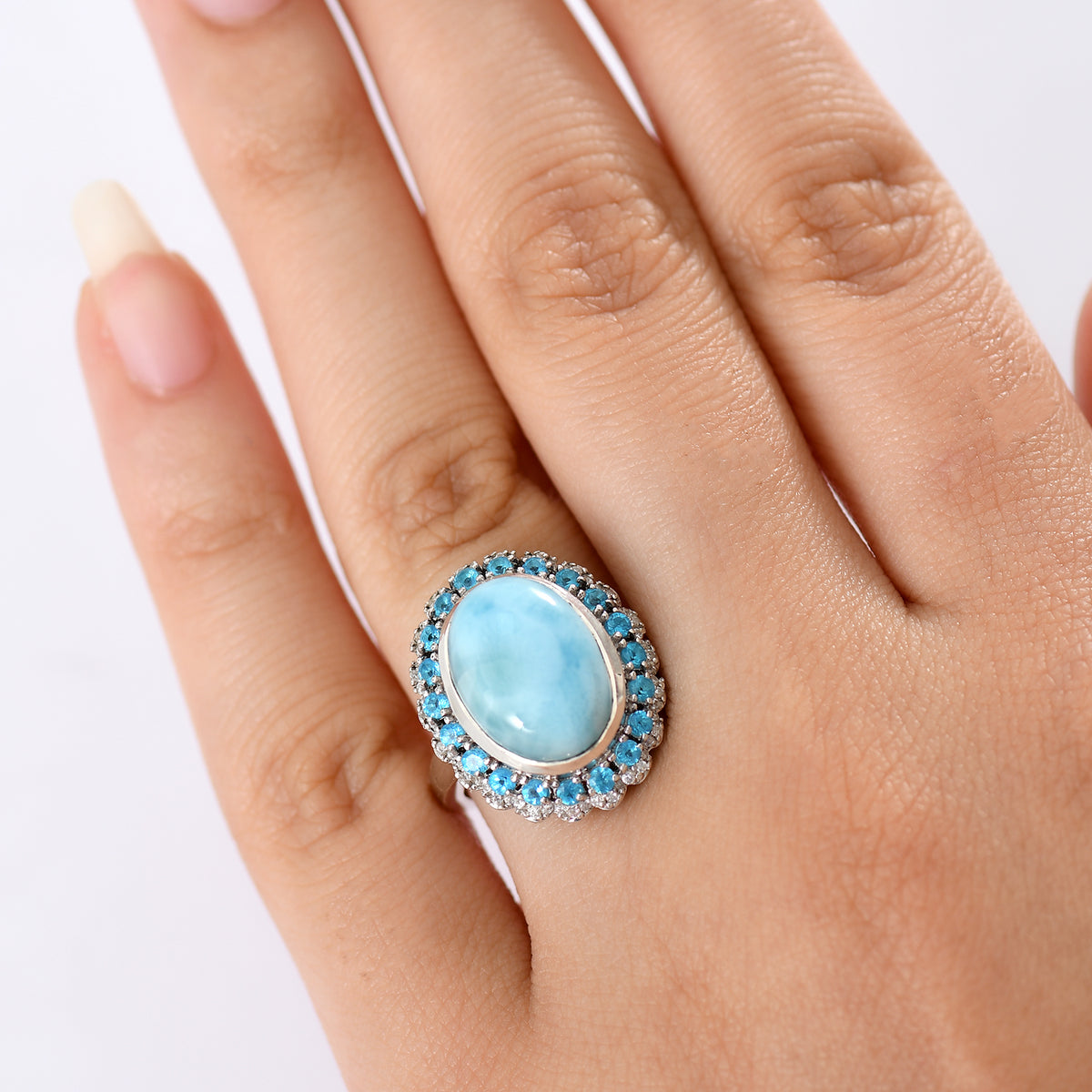 D'joy Larimar, White Zircon and Neon Apatite Aqua Majesty Halo Ring in Rhodium Overlay Sterling Silver 8.09 Ct. V32537977 3