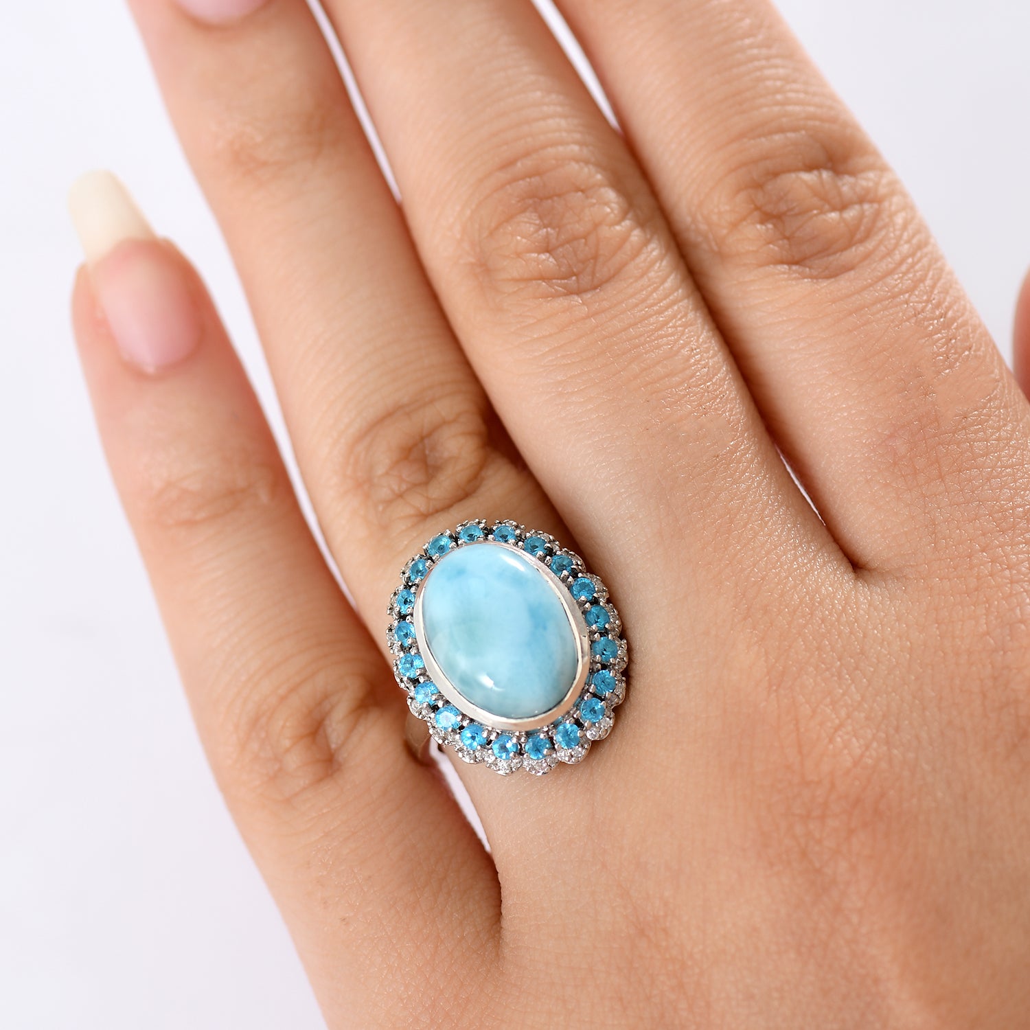 D'joy Larimar, White Zircon and Neon Apatite Aqua Majesty Halo Ring in Rhodium Overlay Sterling Silver 8.09 Ct. V32537977 3