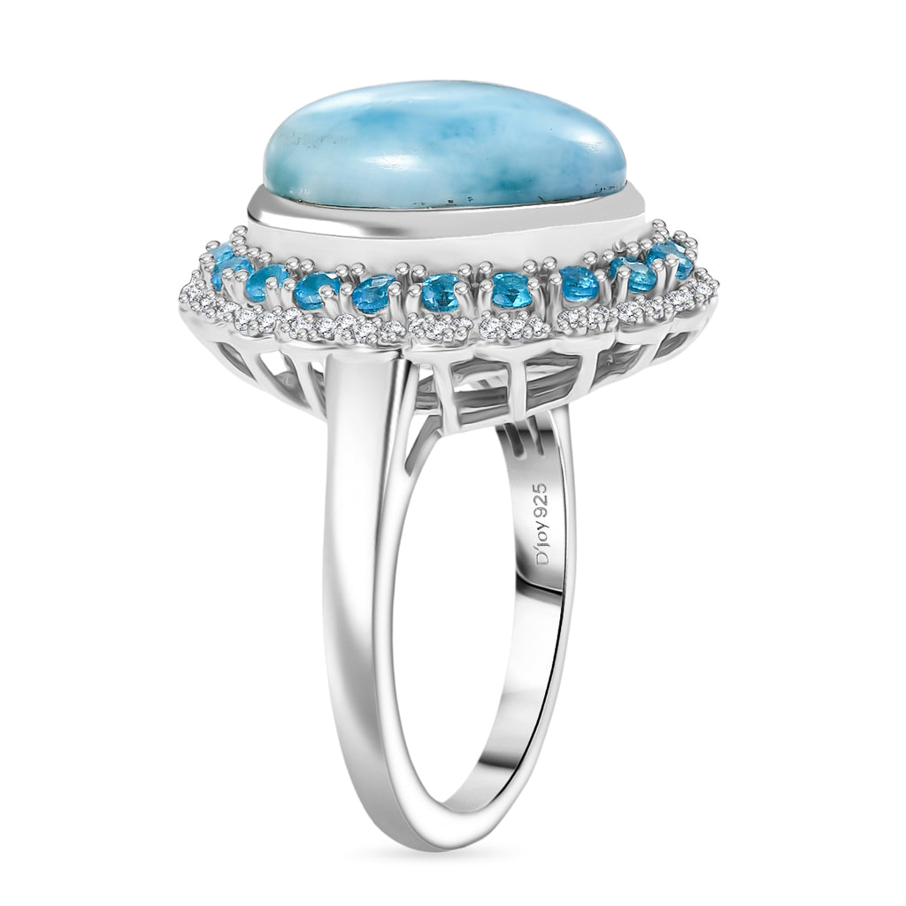 D'joy Larimar, White Zircon & Neon Apatite Aqua Majesty Ring in Rhodium Overlay Sterling Silver 8.09 Ct._8195292_3