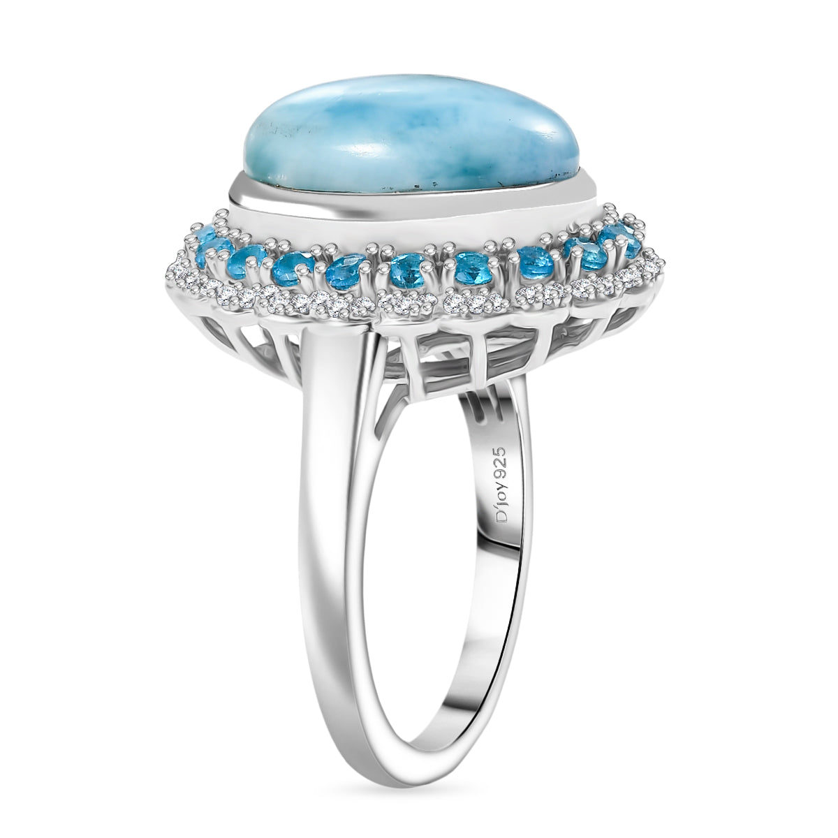 D'joy Larimar, White Zircon and Neon Apatite Aqua Majesty Halo Ring in Rhodium Overlay Sterling Silver 8.09 Ct. V32537977 4