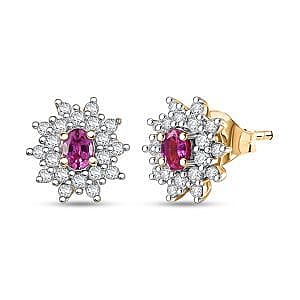 Natural Unheated Ruby, White Zircon Floral Halo Earrings in 18K Vermeil Yellow Gold Over Sterling Silver 1.09 Ct. V32521919 0