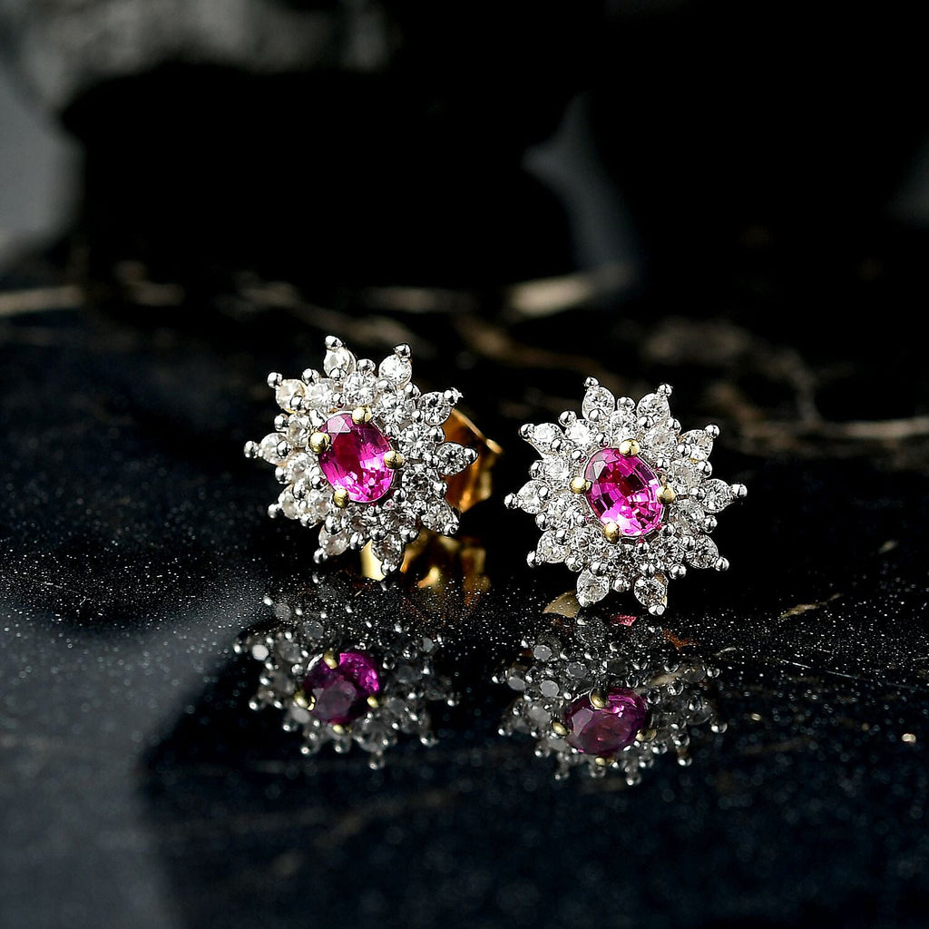 Natural Unheated Ruby & White Zircon Push Back Earrings in 18K Vermeil Yellow Gold Plated Sterling Silver 1.09 Ct._8195640_1