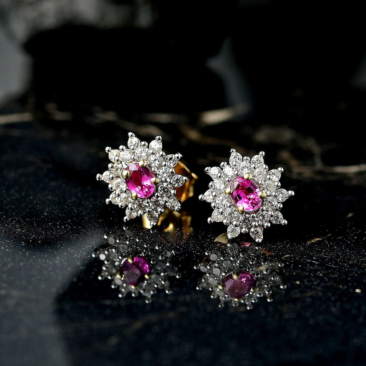 Natural Unheated Ruby, White Zircon Floral Halo Earrings in 18K Vermeil Yellow Gold Over Sterling Silver 1.09 Ct. V32521919 2