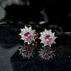 Natural Unheated Ruby & White Zircon Push Back Earrings in 18K Vermeil Yellow Gold Plated Sterling Silver 1.09 Ct._8195640_1
