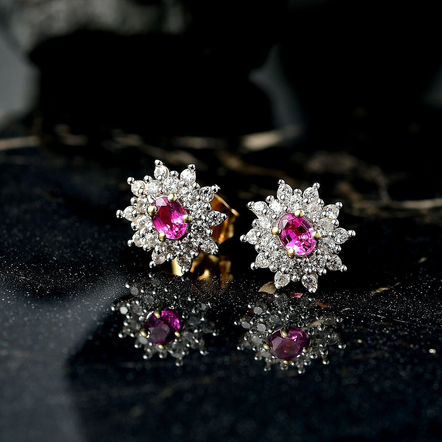 Natural Unheated Ruby, White Zircon Floral Halo Earrings in 18K Vermeil Yellow Gold Over Sterling Silver 1.09 Ct. V32521919 2