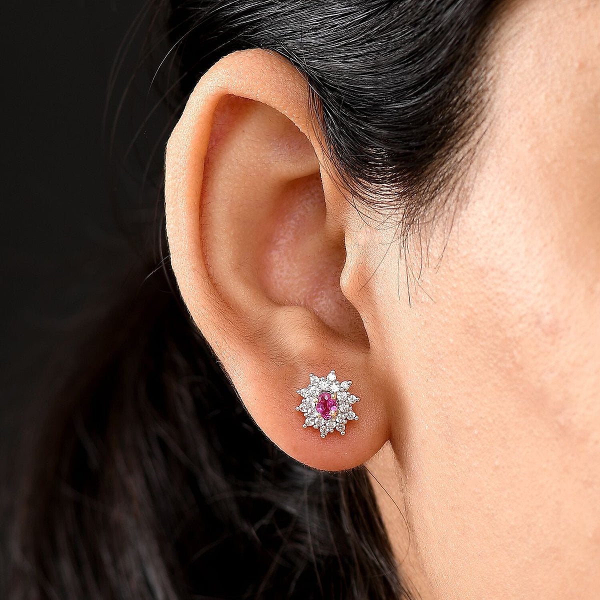 Natural Unheated Ruby, White Zircon Floral Halo Earrings in 18K Vermeil Yellow Gold Over Sterling Silver 1.09 Ct. V32521919 3