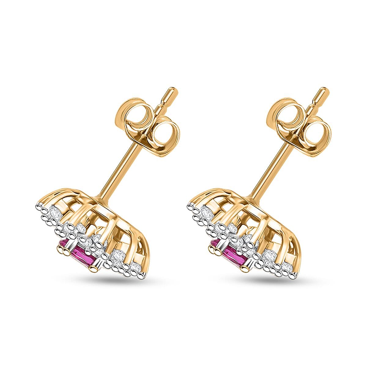 Natural Unheated Ruby, White Zircon Floral Halo Earrings in 18K Vermeil Yellow Gold Over Sterling Silver 1.09 Ct. V32521919 4