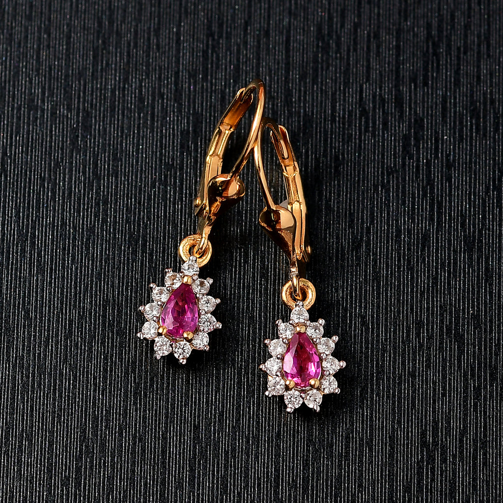 Natural Unheated Ruby & White Zircon Solitaire Lever Back Earring in 18K Vermeil Yellow Gold Plated Sterling Silver 1.01 Ct._8195651_1