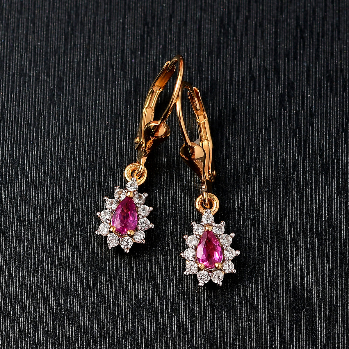 Natural Unheated Ruby, White Zircon Halo Lever Back Earring in 18K Vermeil Yellow Gold Over Sterling Silver 1.01 Ct. V32557369 2