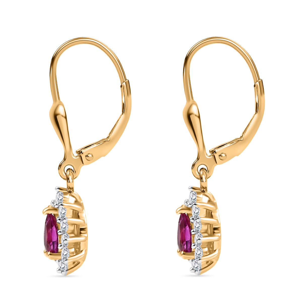 Natural Unheated Ruby, White Zircon Halo Lever Back Earring in 18K Vermeil Yellow Gold Over Sterling Silver 1.01 Ct. V32557369 4