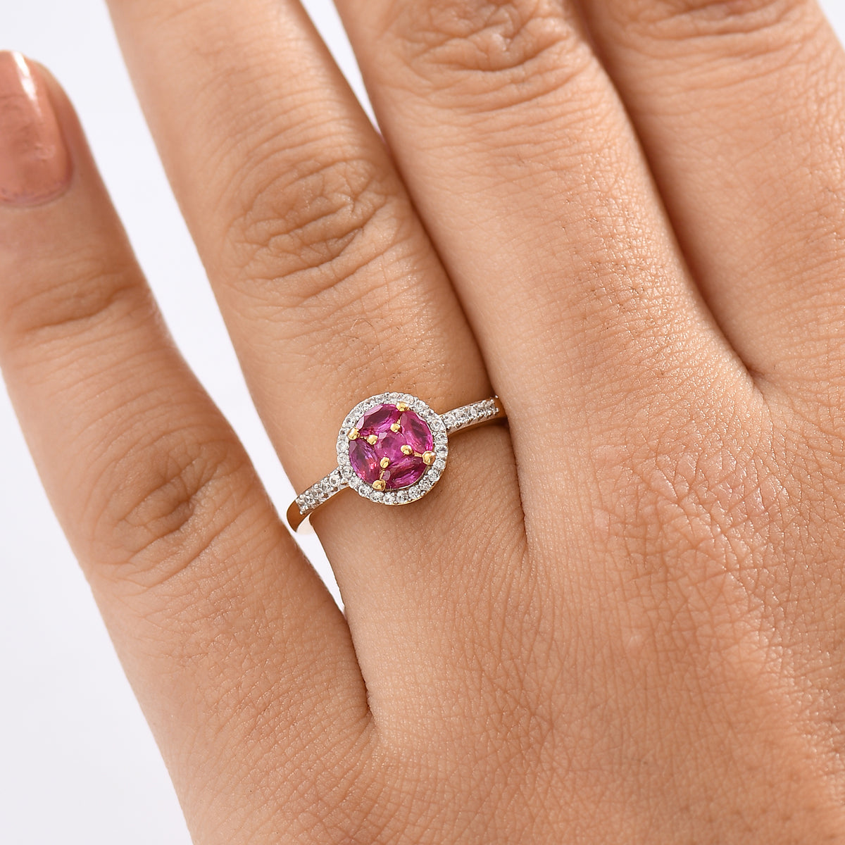 Natural Unheated Ruby &amp; White Zircon Halo Ring in 18K Vermeil Yellow Gold Plated Sterling Silver V32540352 3