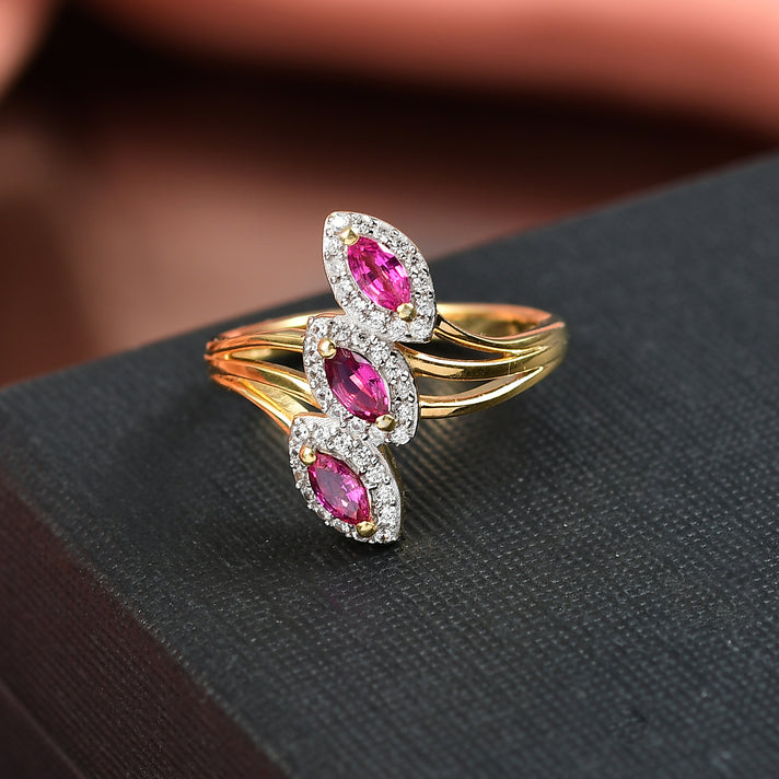 Natural Unheated Ruby, White Zircon Trilogy Ring in 18K Vermeil Yellow Gold Over Sterling Silver 8195724 2