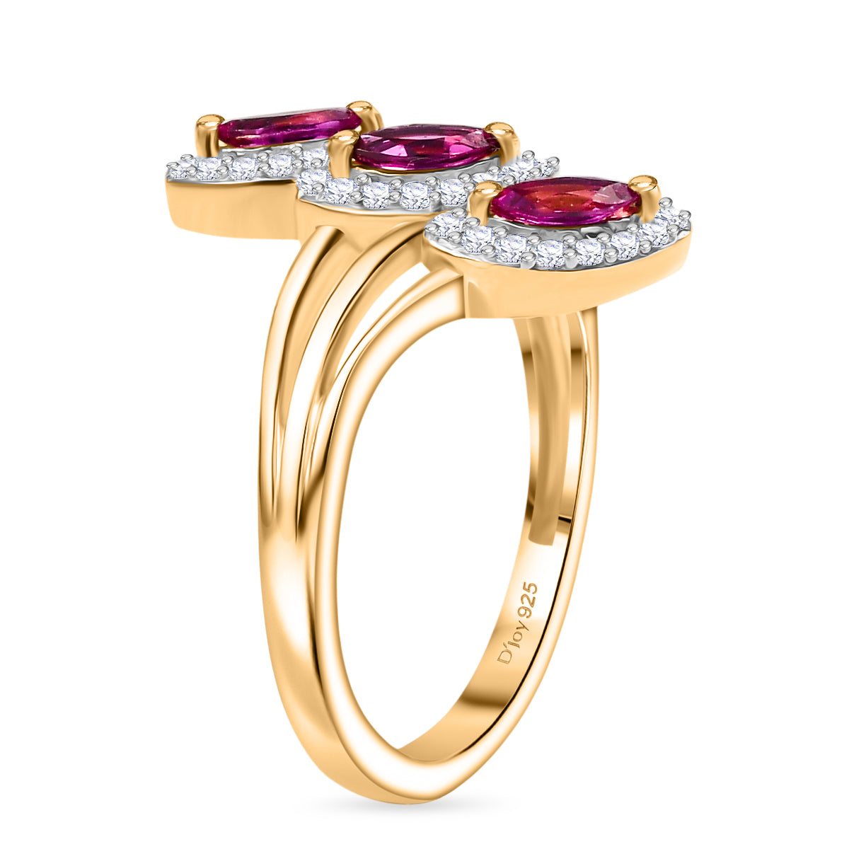 Natural Unheated Ruby, White Zircon Trilogy Ring in 18K Vermeil Yellow Gold Over Sterling Silver 8195724 4