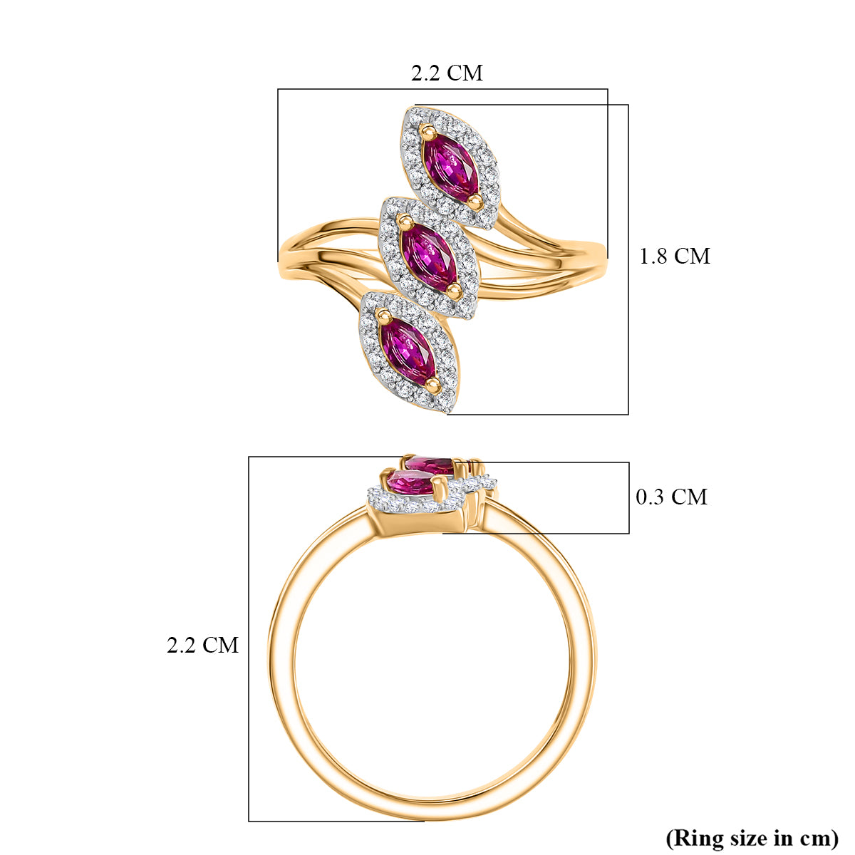 Natural Unheated Ruby, White Zircon Trilogy Ring in 18K Vermeil Yellow Gold Over Sterling Silver 8195724 6