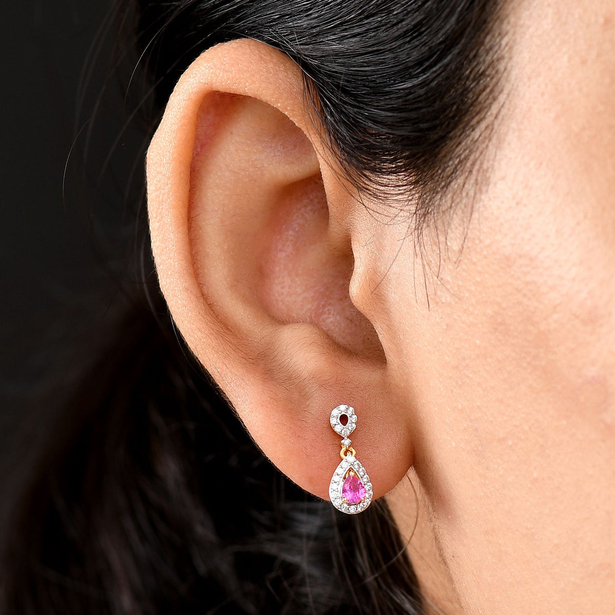 Natural Unheated Ruby, White Zircon Halo Drop Earring in 18K Vermeil Yellow Gold Over Sterling Silver 0.85 Ct. 8195758 2