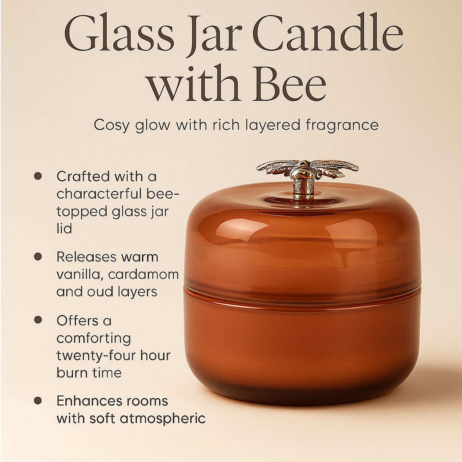 Glass Jar Candle with Bee 120g and 24hr Burn Time (Oud Wood) - Caramel 8196047 2