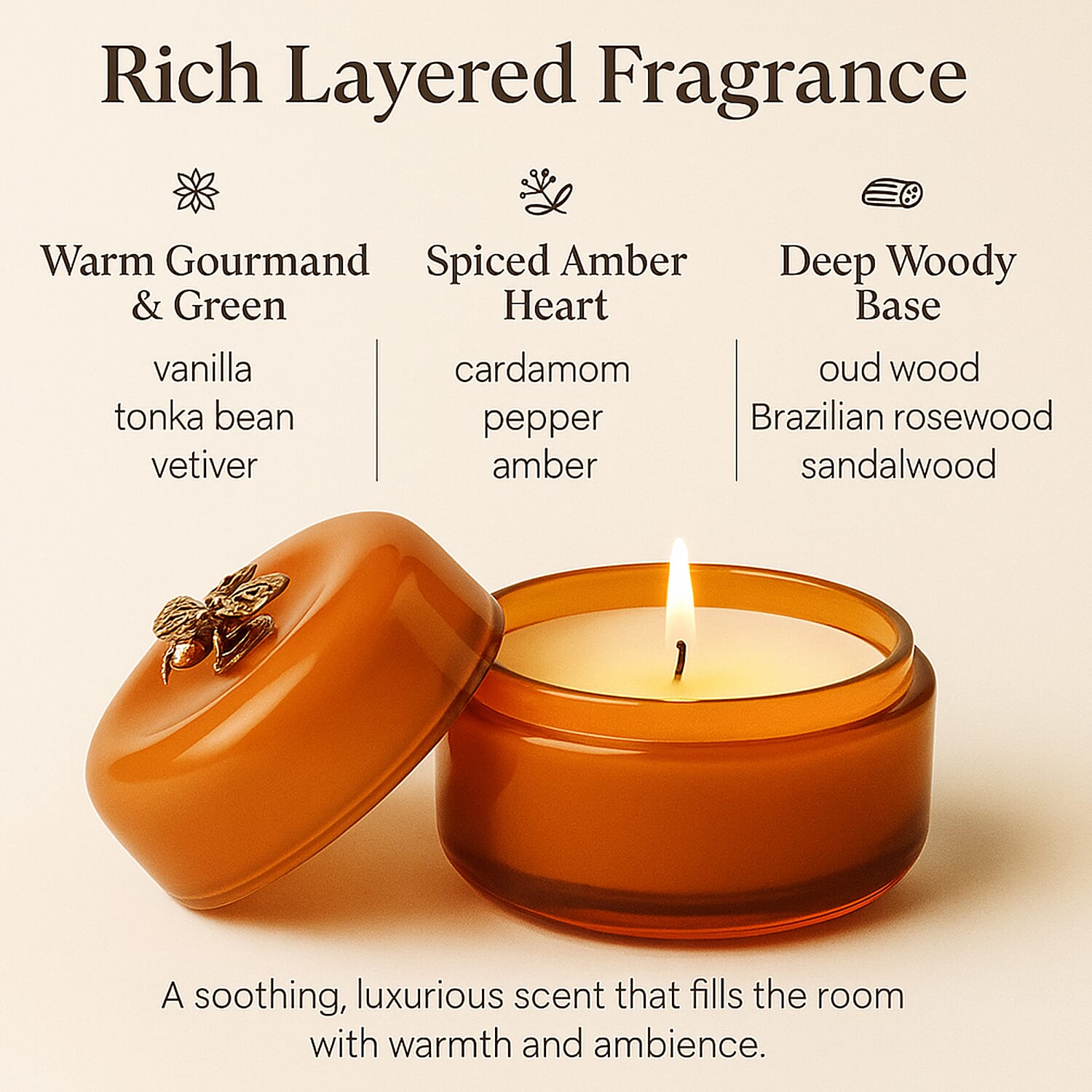 Glass Jar Candle with Bee 120g and 24hr Burn Time (Oud Wood) - Caramel 8196047 3
