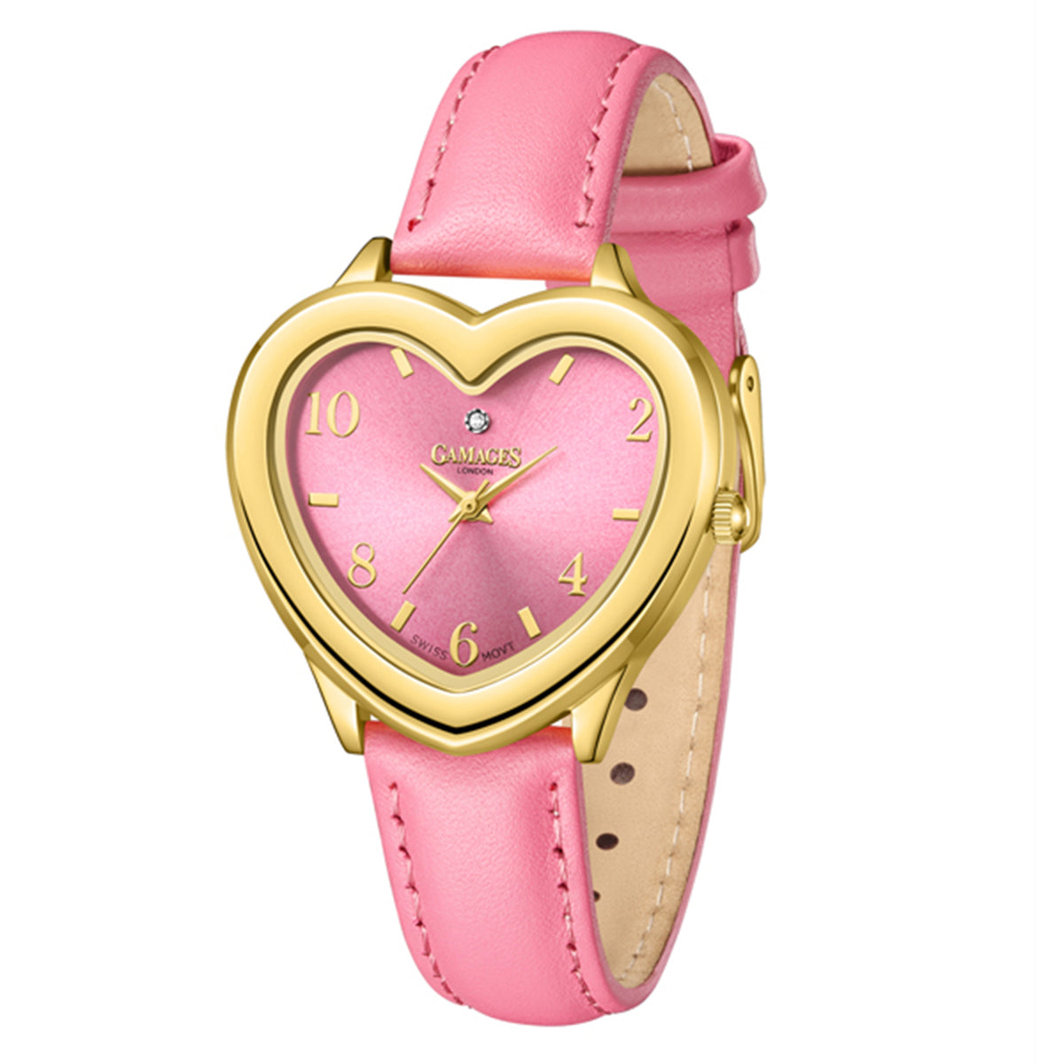 GAMAGES OF LONDON Endearing Diamond Swiss Quartz Movement 3ATM Water Resistant Gold and Pink Heart Dial Women's Watch with Pink Leather Strap V32514073 1