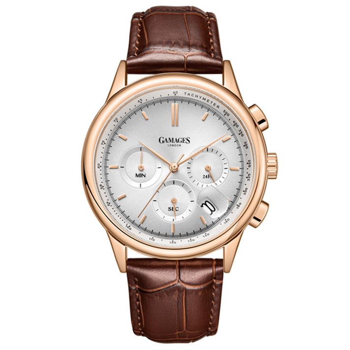 GAMAGES OF LONDON Imperium Mechanical Japan VK63 Movement 3ATM WR Rose and White Oil-Pressed Dial Men's Watch with Brown Leather Strap 8196275 1