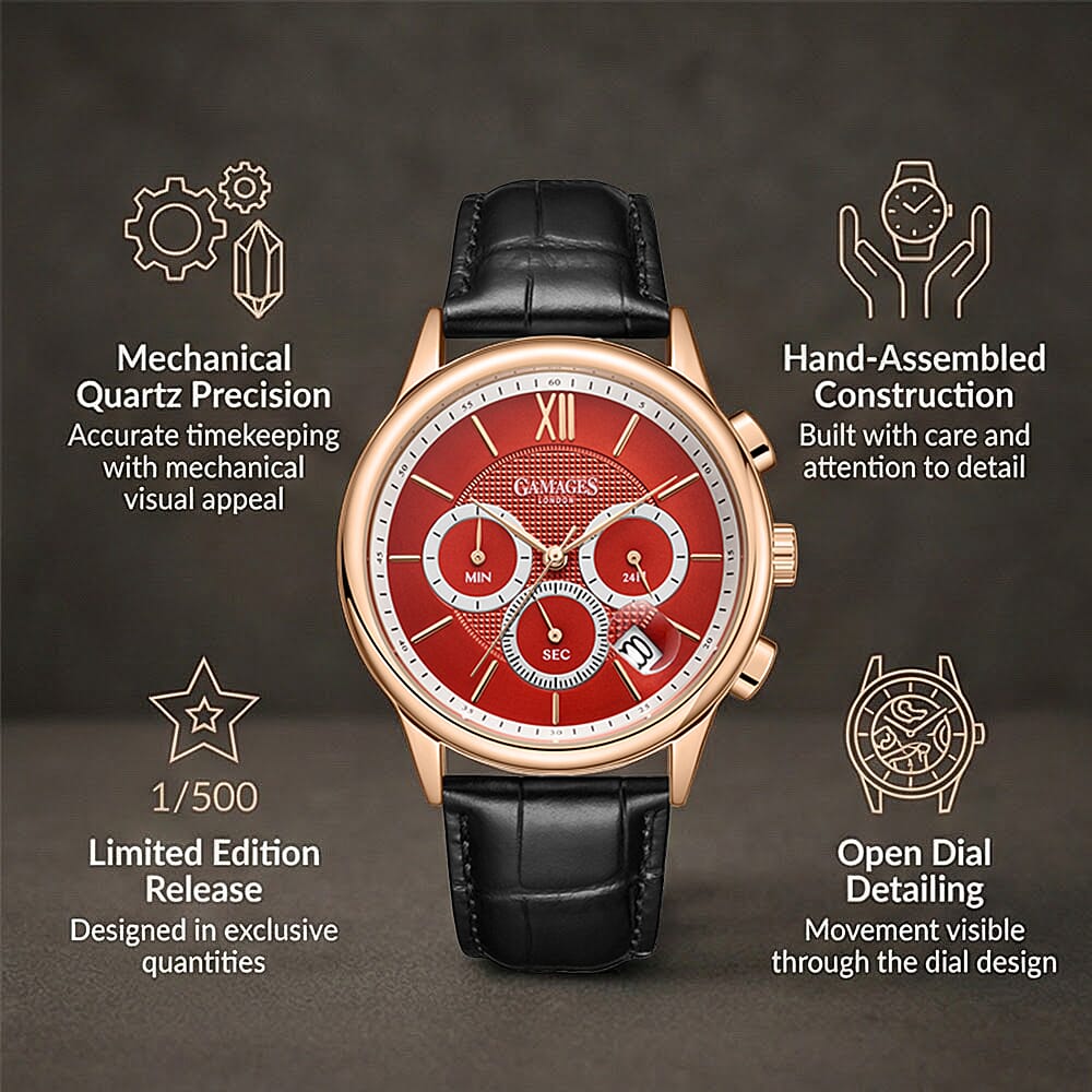 GAMAGES OF LONDON Limited Edition Hand Assembled Gawain Albion Mechanical Quartz Men's Watch with Leather Strap V32521932 4