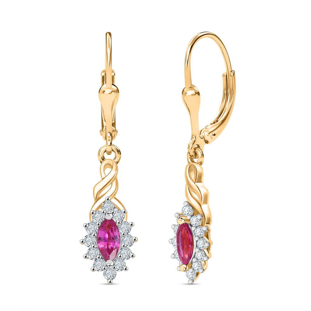 Natural Unheated Ruby & White Zircon Solitaire Lever Back Earring in 18K Vermeil Yellow Gold Plated Sterling Silver 1.08 Ct._8196377