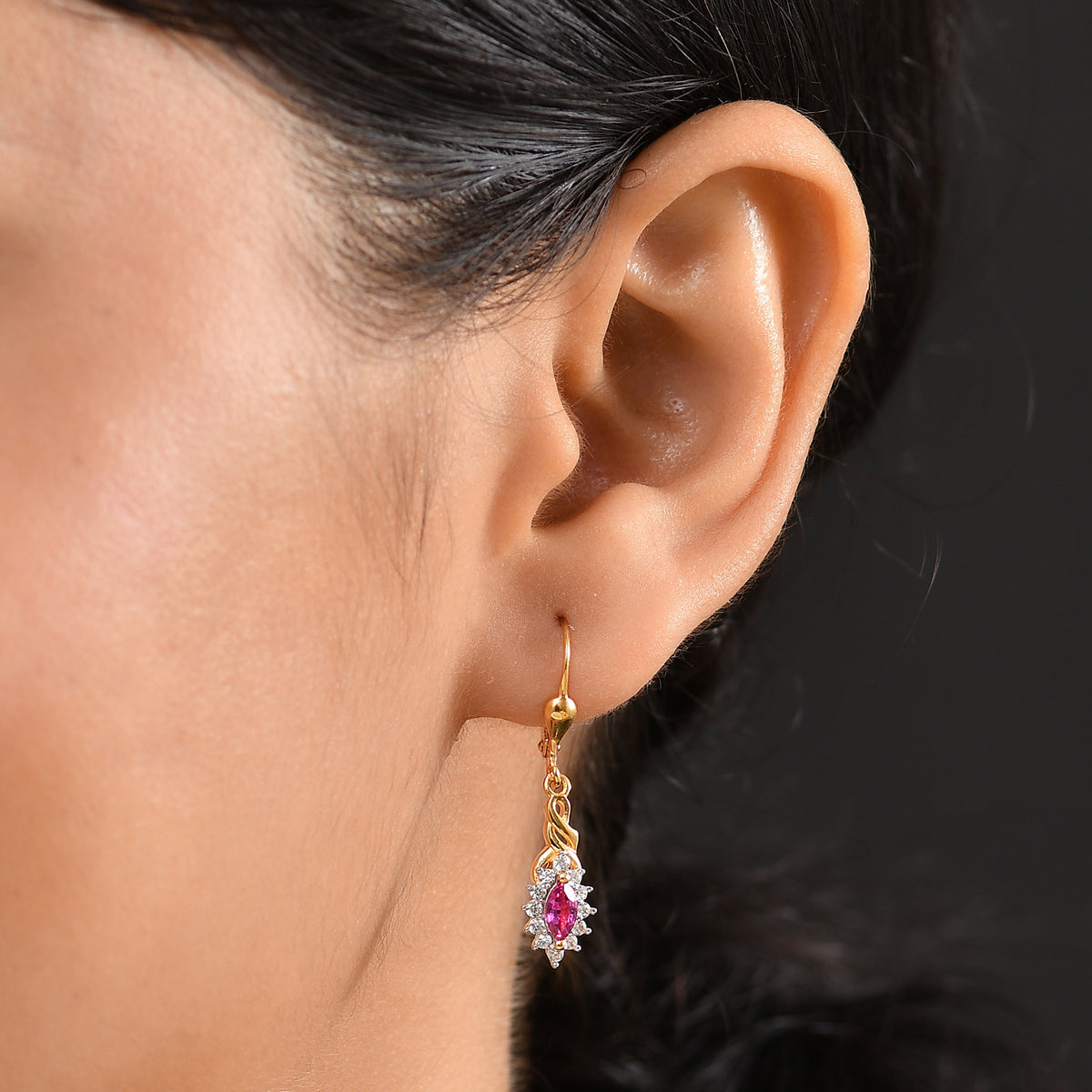 Natural Unheated Ruby, White Zircon Halo Dangling Lever Back Earring in 18K Vermeil Yellow Gold Plated Sterling Silver 1.08 Ct. V32525876 3