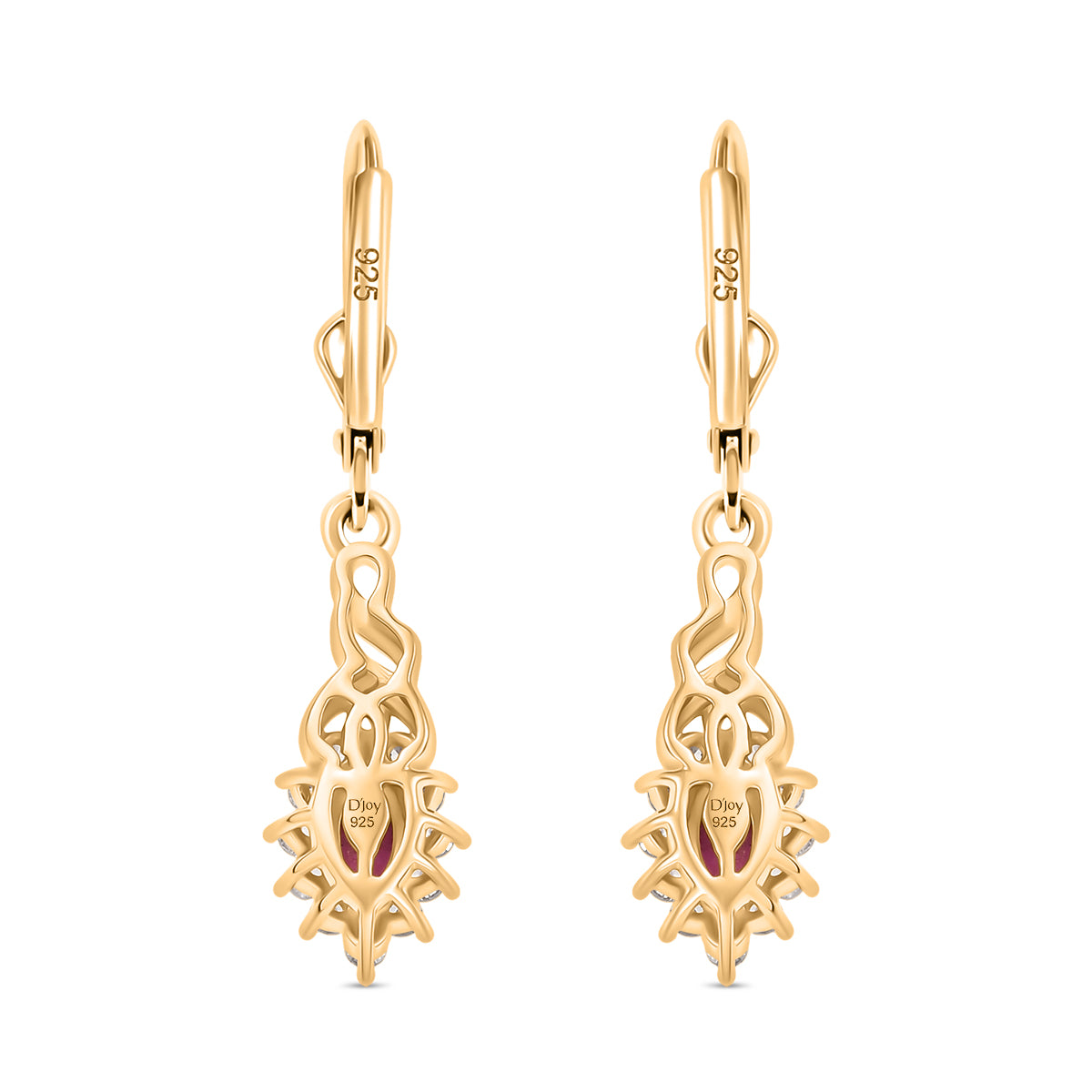 Natural Unheated Ruby, White Zircon Halo Dangling Lever Back Earring in 18K Vermeil Yellow Gold Plated Sterling Silver 1.08 Ct. V32525876 5