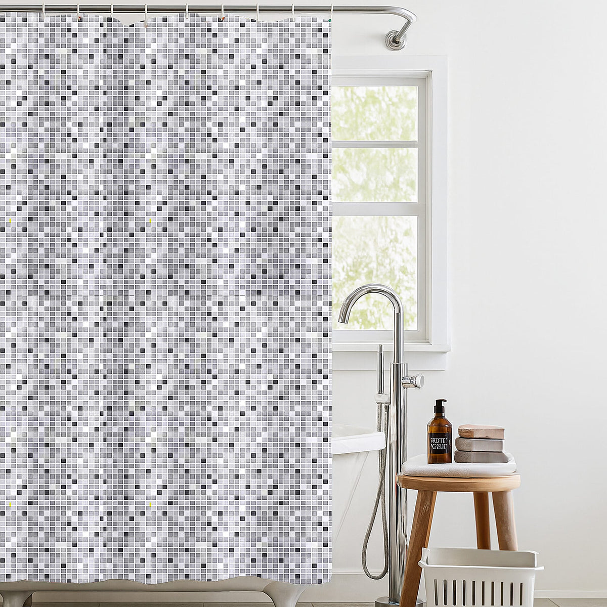 Country Club Elegant B&amp;W Mosaic Design Shower Curtain with Hooks (180x180cm) - Dark Blue V32625031 0