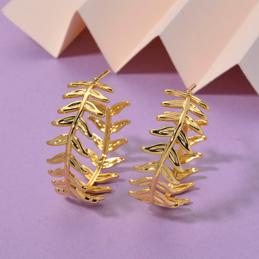Designer Inspired Leaf Hoop Earrings In Gold Overlay_8197455_1