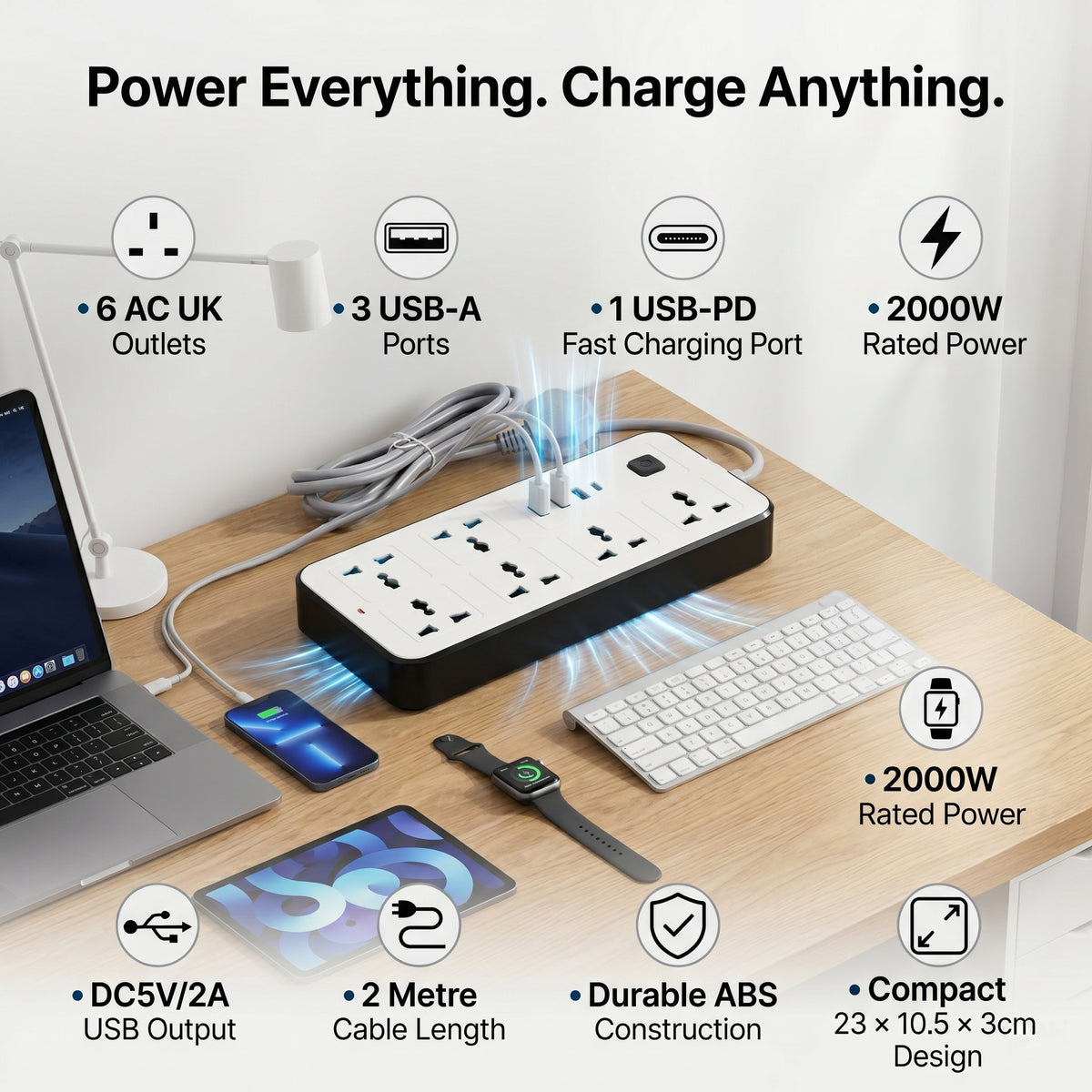 EVERY HOME MUST HAVE - Multi-Functional 6 Plug Socket With 3 Usb Port And A Type C Port- 2 Meter Cable (220-250V) - White V32518575 3