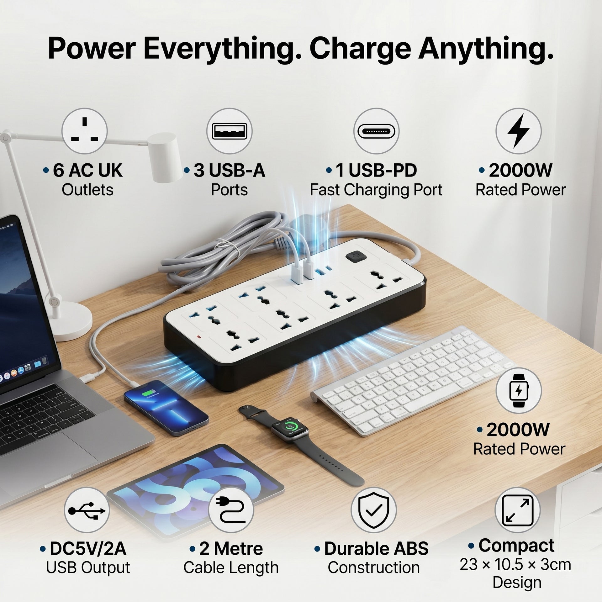 EVERY HOME MUST HAVE - Multi-Functional 6 Plug Socket With 3 Usb Port And A Type C Port- 2 Meter Cable (220-250V) - White V32518575 3