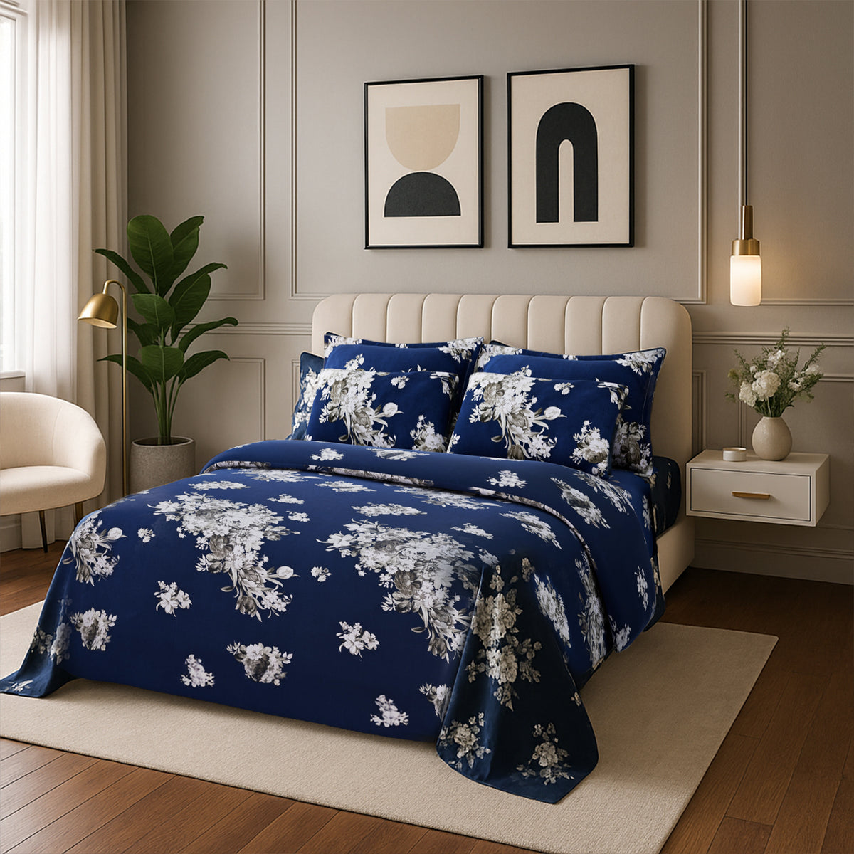 Hush Haven 6 Piece Digital Floral Print Duvet Cover Set - Inc. 1 Duvet Cover, 1 Fitted Sheet with 2 Housewife - 2 Oxford Pillowcases (Double) - Navy V32580493 0