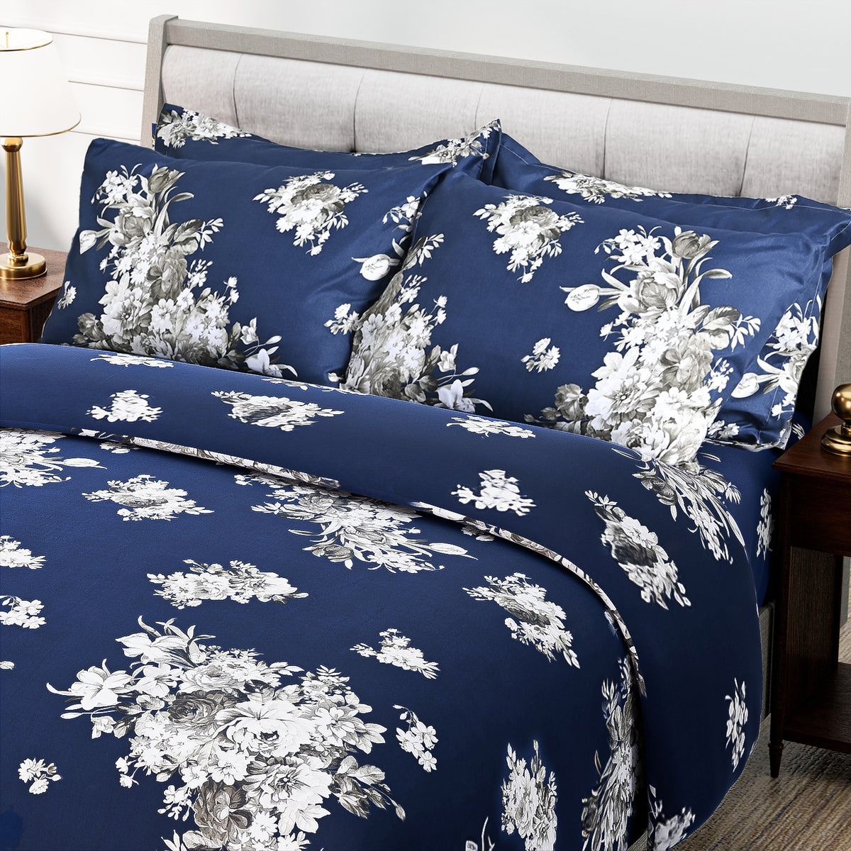 Hush Haven 6 Piece Digital Floral Print Duvet Cover Set - Inc. 1 Duvet Cover, 1 Fitted Sheet with 2 Housewife - 2 Oxford Pillowcases (Double) - Navy V32580493 2