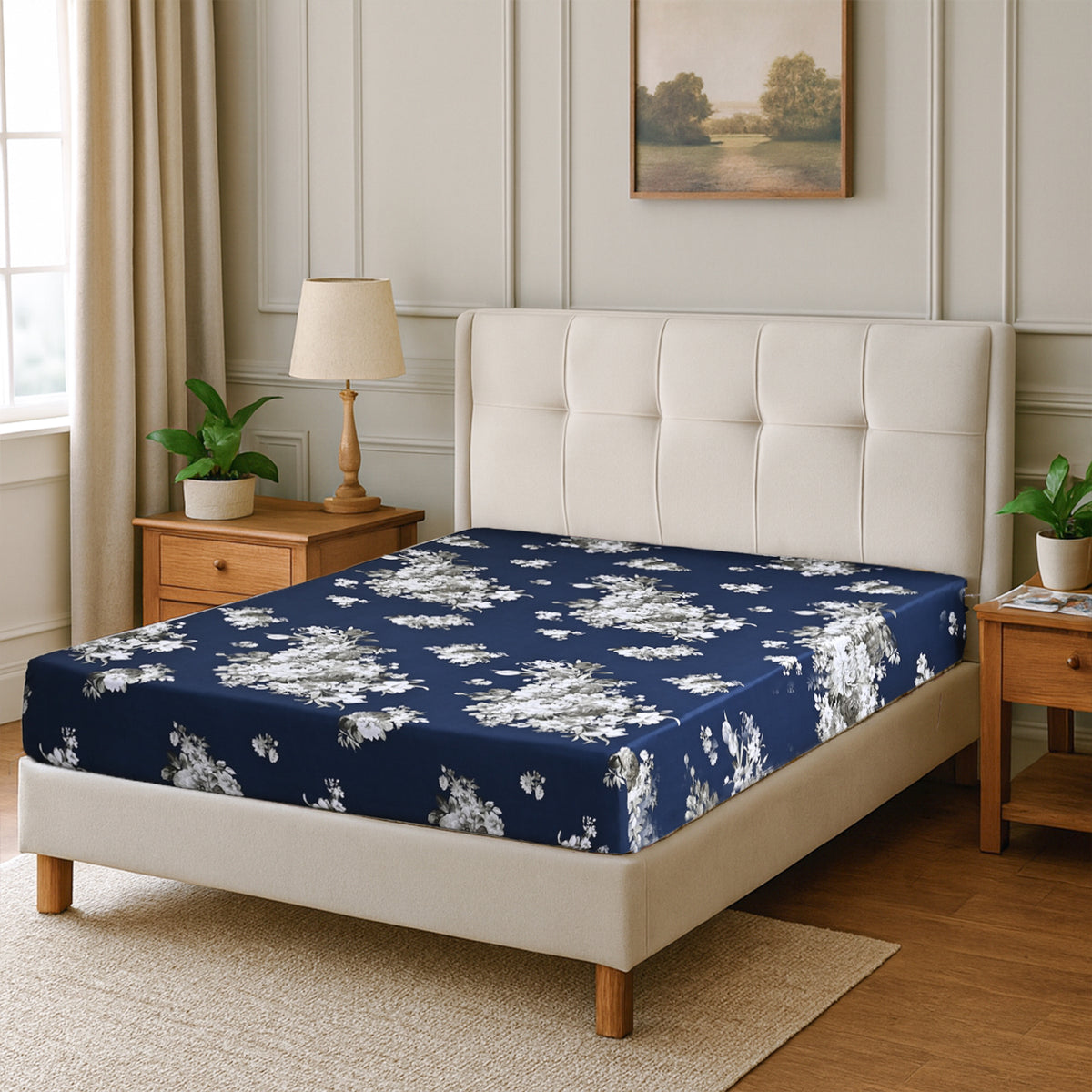 Hush Haven 6 Piece Digital Floral Print Duvet Cover Set - Inc. 1 Duvet Cover, 1 Fitted Sheet with 2 Housewife - 2 Oxford Pillowcases (Double) - Navy V32580493 4