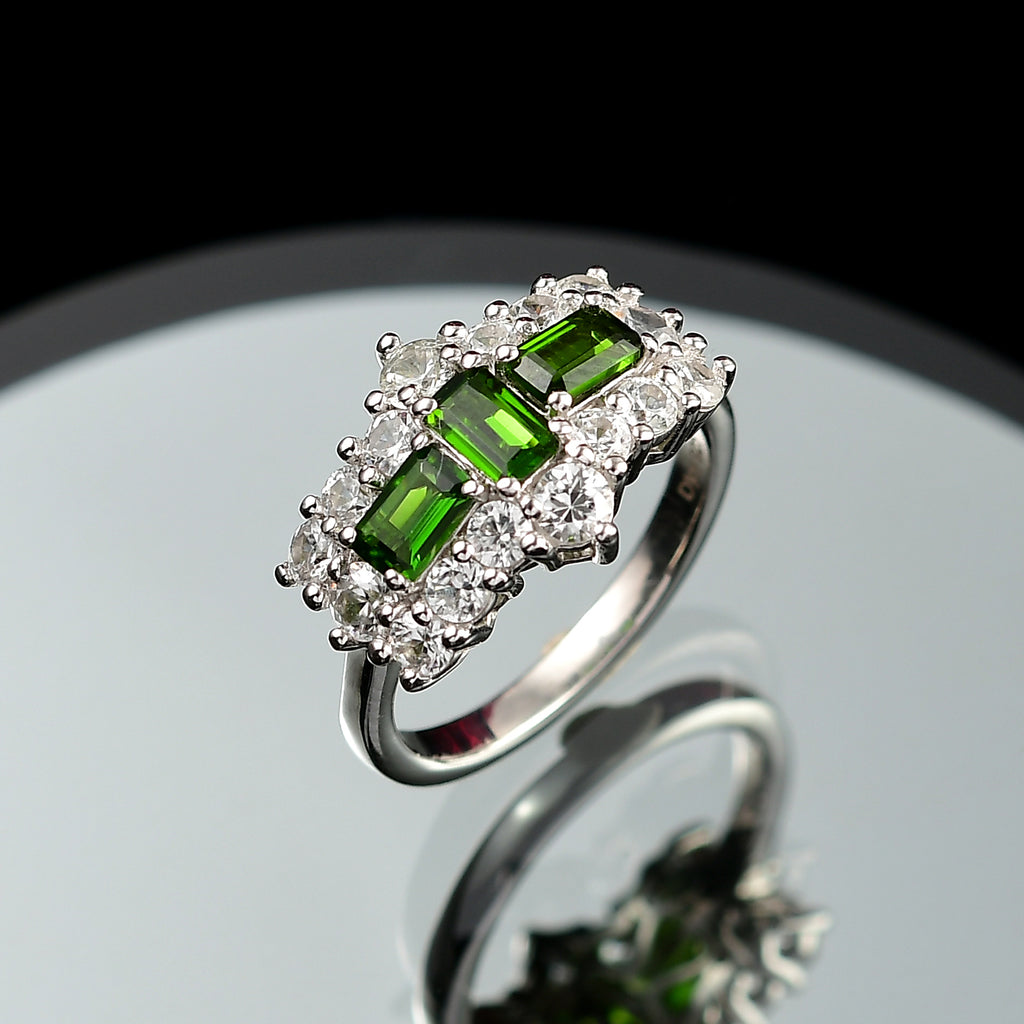 Natural Chrome Diopside & White Zircon Boat Ring in Platinum Overlay Sterling Silver 2.97 Ct._8198359_1