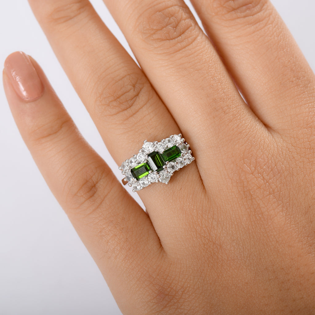 Natural Chrome Diopside & White Zircon Boat Ring in Platinum Overlay Sterling Silver 2.97 Ct._8198359_2