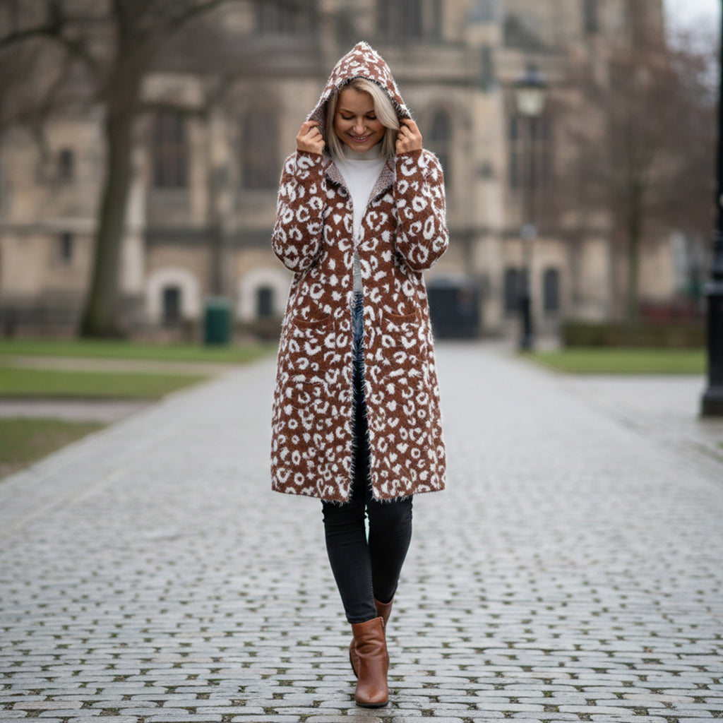 Tamsy Leopard Print Winter Hoodie with Pockets (Free Size, Fits 8 - 20) - Brown & White_8200398_1