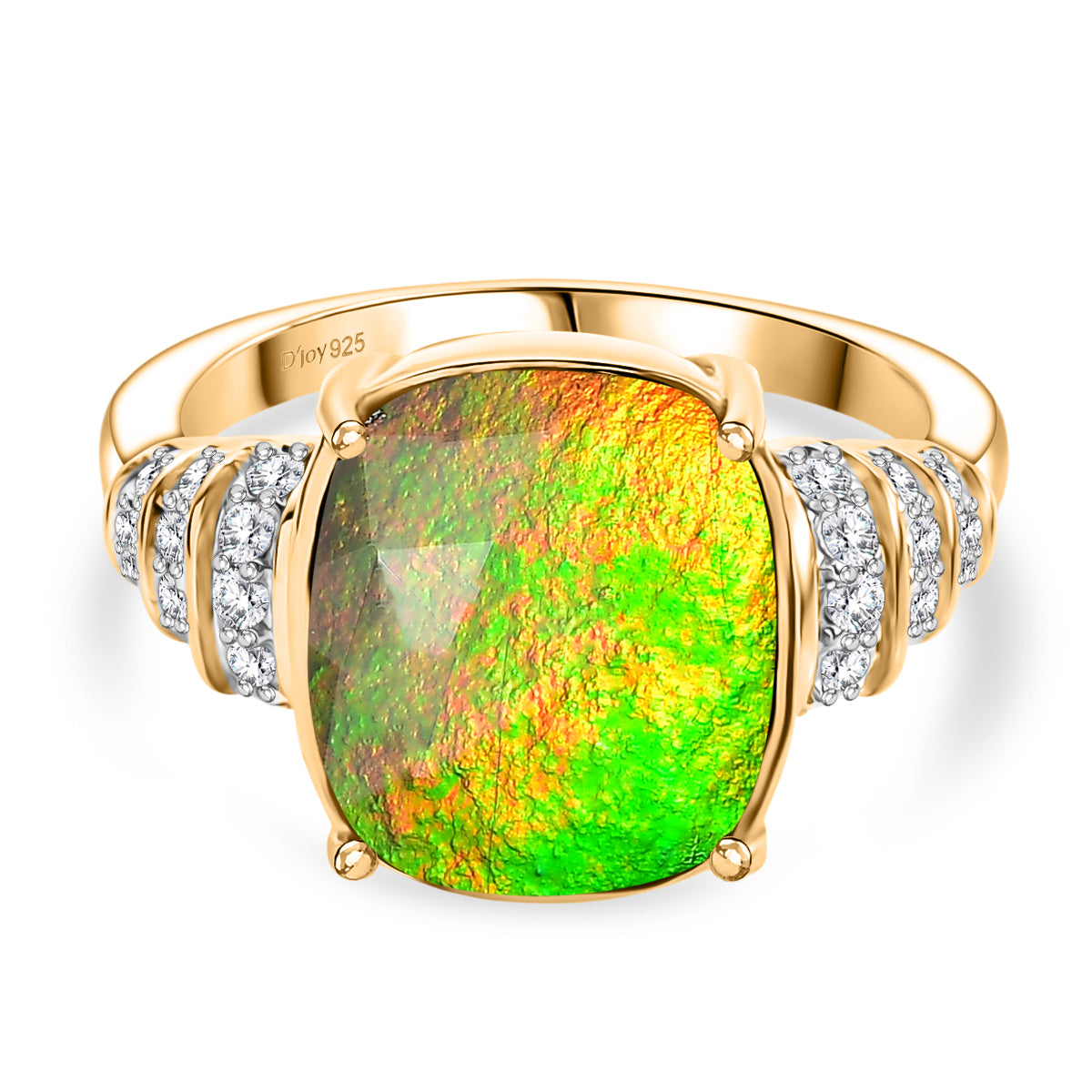One Time Deal - AA Canadian Ammolite &amp; Moissanite Ring in 18K Vermeil Yellow Gold Sterling Silver 4.57 Ct. V32557667 0